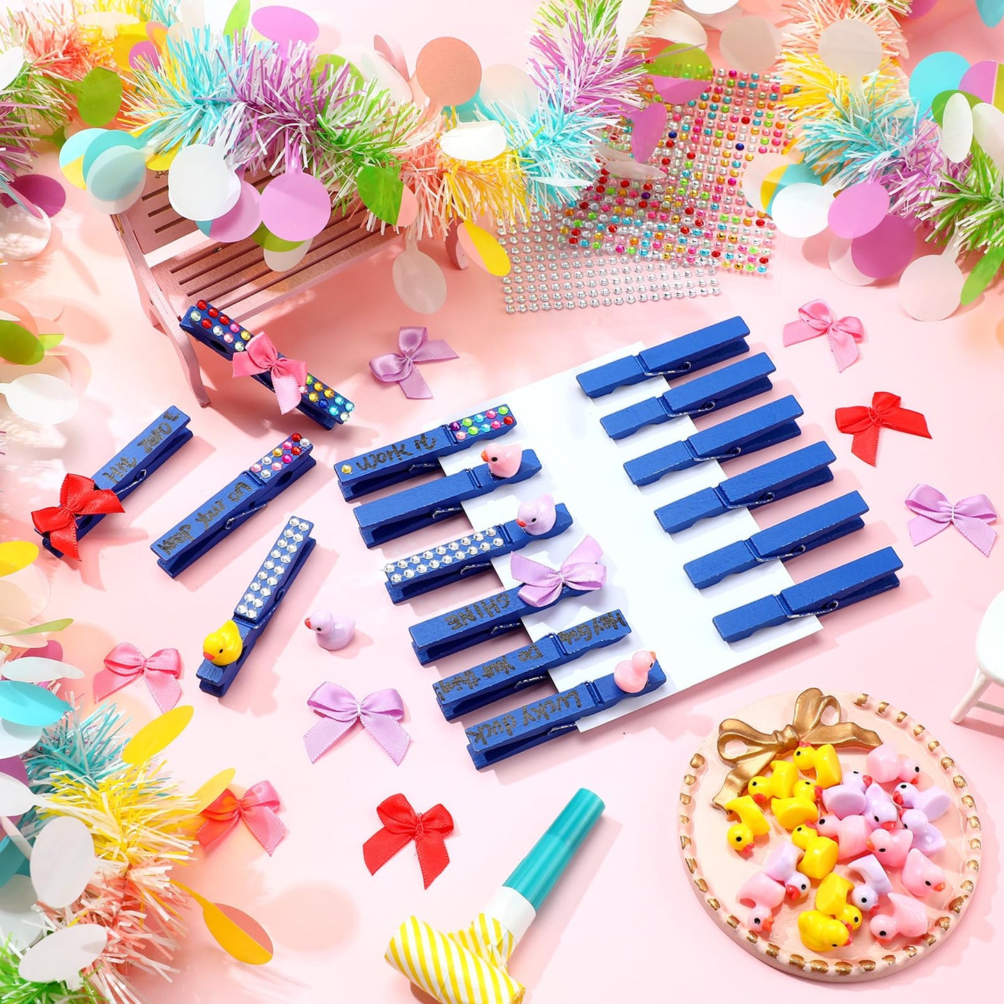 Dingion 60 Set Cheer Pins Spirit Clips Include 60 Wooden Clothes Pin Resin Ducks Bows Self Adhesive Glitter Sticker Pen Glue Ribbon for DIY Cheer Accessory Schoolbag Decor Team Craft Gift(Blue)