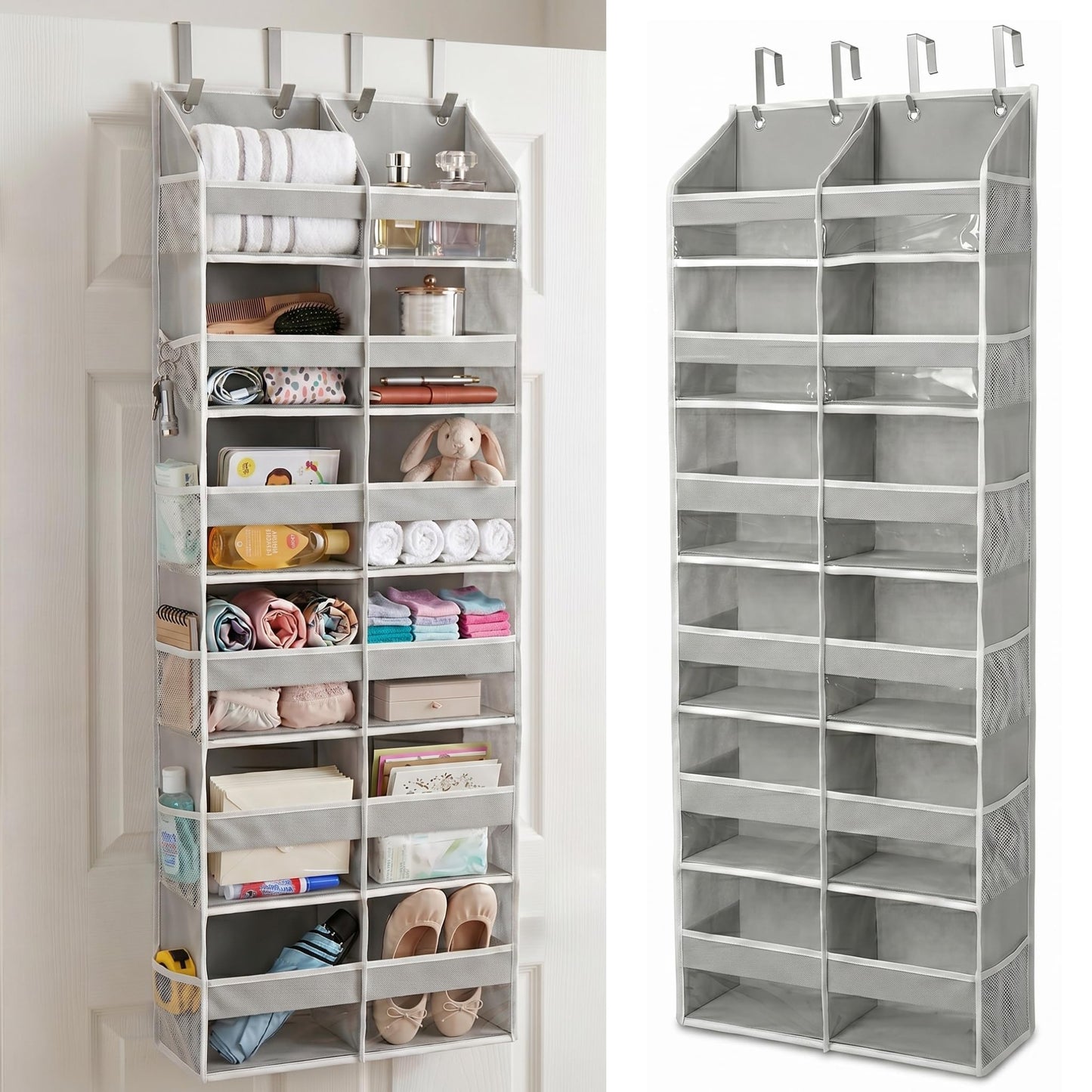 HOMELUX THEORY UPGRADED 6 Tiers Over The Door Organizer Hanging - 100D EXTRA THICK & 50lbs HUGE CAPACITY, 12 Side Mesh Pockets Over The Door Shoe Organizer, Hanging Closet Organizer (Light Gray, XL)