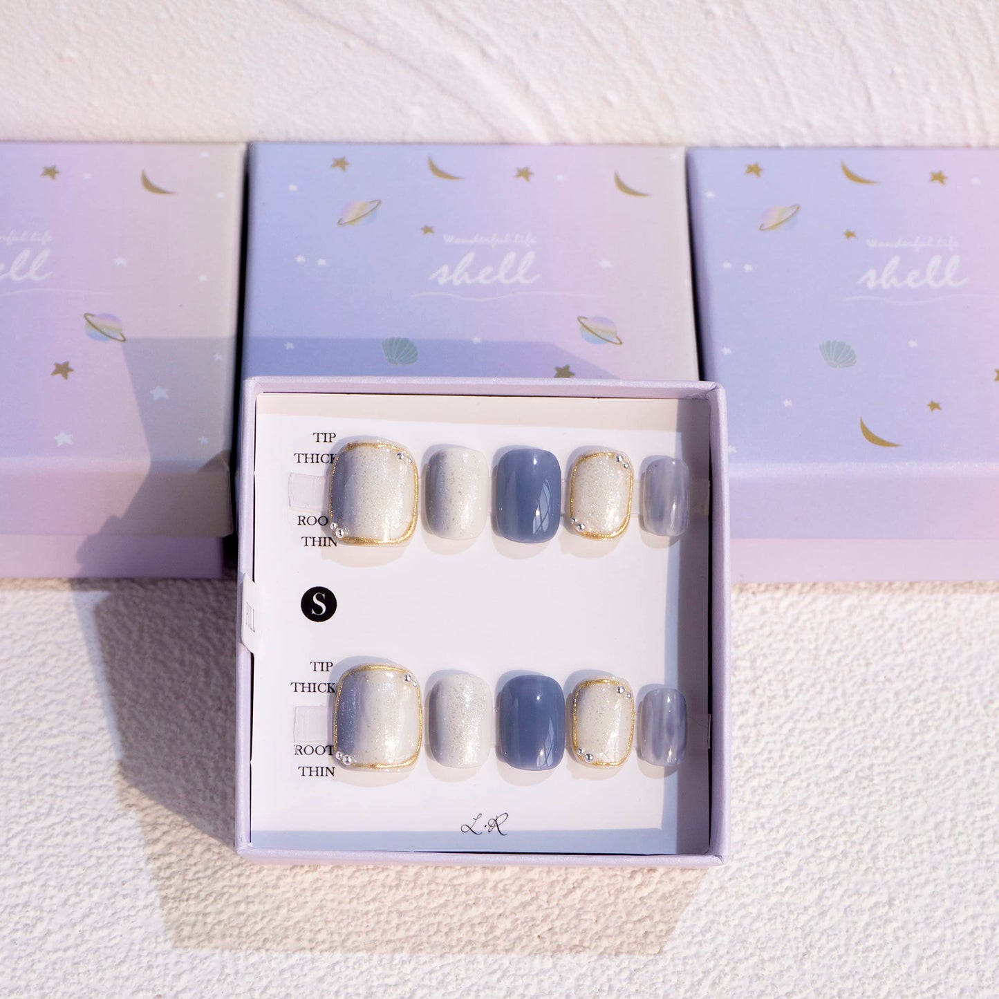 Light Rain Short Press on Nails - Jeans, 3D Handmade Blue and White Reusable Gel UV Finished False nails, Hand-Painted Fake Nails with Design by Professional Manicurist, Short Square, Large Size