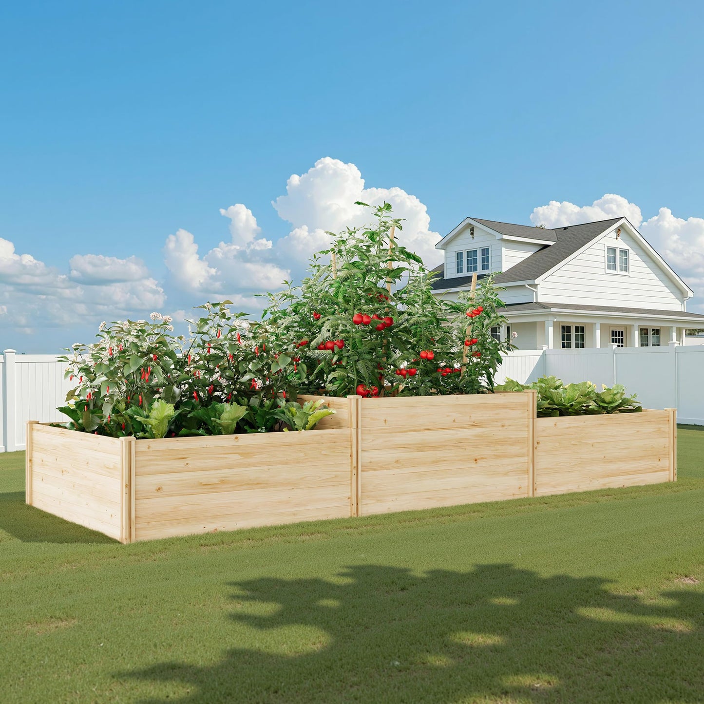 SPECRAFT 2-Tier Raised Garden Bed, 23-Inch Deep Fir Wood Planter Box with Mortise & Tenon Structure, 3-Section Open Base for Vegetable, Flowers & Herb, for Backyard, Garden, Patio, 142 x 49 x 24 in
