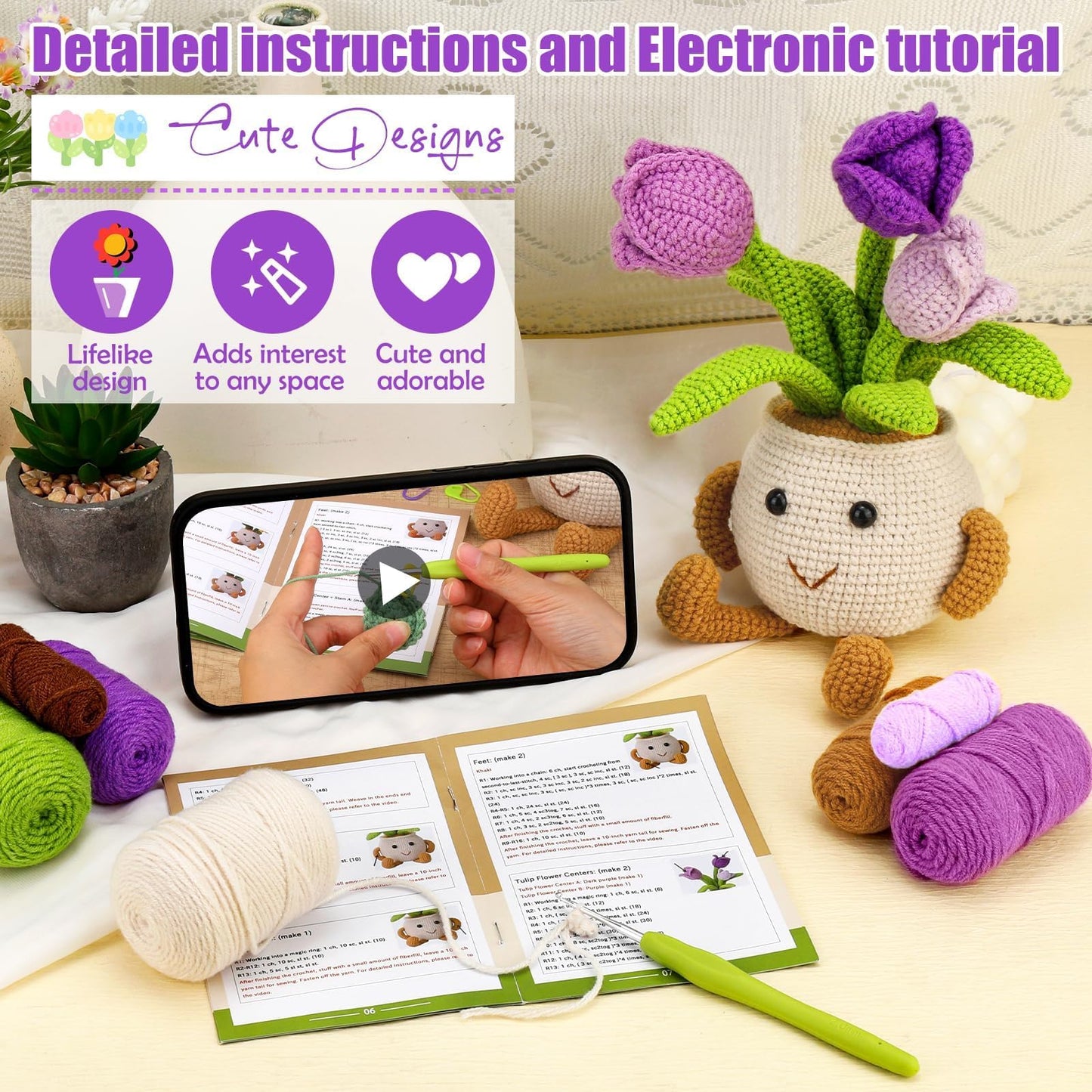 Nitlak Crochet Kit for Beginners, Tulip Potted Beginner Crochet Kit for Adults Kids, Crochet Starters Kit with Step-by-Step Video Tutorials for Mother's Day DIY Craft