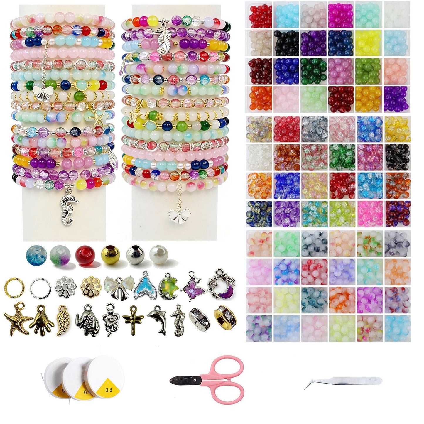 【3 Pack】 8mm Glass Beads for Jewelry Making，1800+pcs 72 Colors Round Crystal Glass Beads DIY Bracelet Making Kit with Accessories，Solid、Crackle and Gradient Colors 3 Box