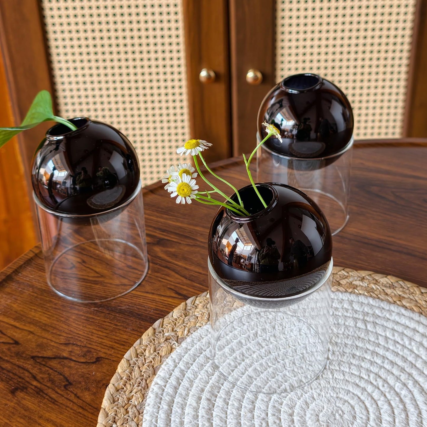 3-Pack Modular Black Glass Vase Set | Minimalist Aesthetics Bud Vase & Desktop Glass Planter with Clear Stand, Small Flower Vase