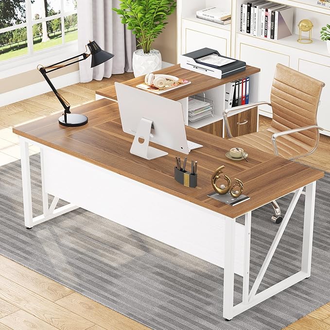Tribesigns 63 inches Executive Desk and 47" lateral File Cabinet, L-Shaped Computer Desk Home Office Furniture Set with Drawers and Storage Shelves, Office Table with Cabinet (Walnut+White, 63)