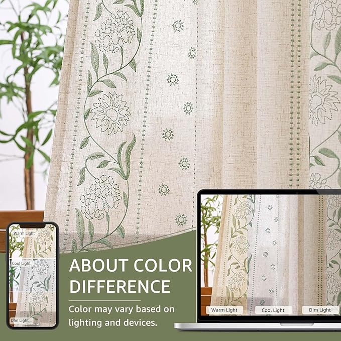 jinchan Winslow Linen Curtains for Bedroom 72 Inches Length Embroidered Bordered Floral Curtains for Living Room Farmhouse Decor Light Filtering Window Treatments Sage on Beige Drapes 2 Panels