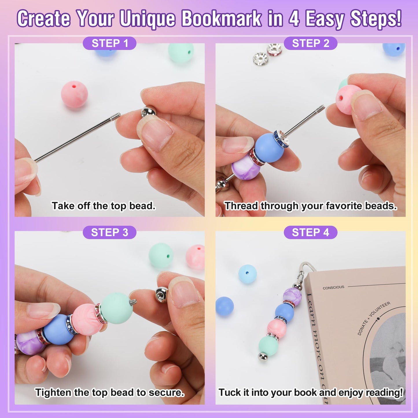 HOMAR 214 Pcs Beadable Bookmarks DIY Beading Bookmark Craft Kit, 20 Pcs Silver Metal Bar Bookmarks with 194 Beads, Bookmarks for Modern Beaded Craft, Gift for Book Lovers, Students, Teachers