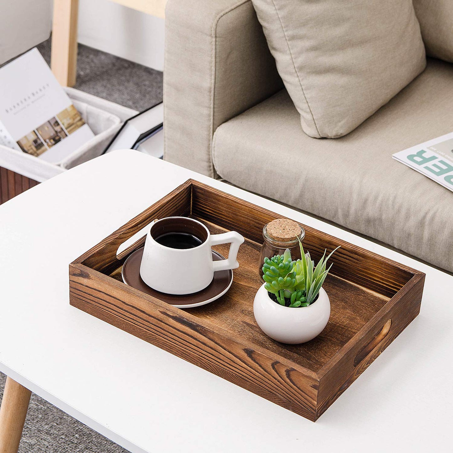 ExoLiry Rustic Brown Wood Food Serving Tray Cutout Handles Breakfast in Bed Coffee Wine Rectangular Ottoman Nesting Crate Tabletop Storage Box Desktop Document Holder Party Office Home Kitchen