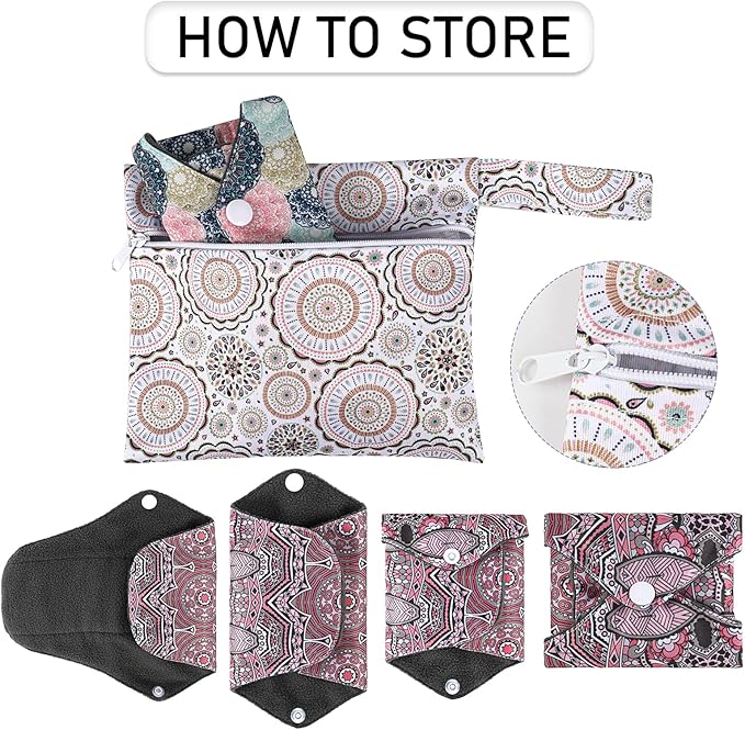 PHOGARY Reusable Menstrual Pads, 7 Pieces Bamboo Cloth Pads for Heavy Flow with Wet Bag, Large Sanitary Pads Set with Wings for Women, Washable Overnight Cloth Panty Liners Period Pads