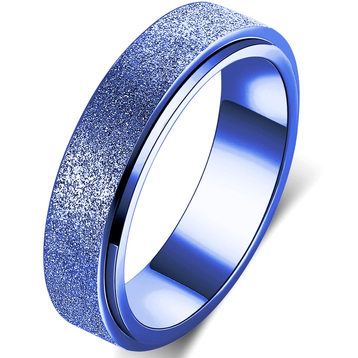OreilleStar Titanium Stainless Steel Anxiety Ring for Women Men Fidget Spinner Ring Fidget Toys Adults Thumb Ring Size 10 Width 6MM Blue Sand Blasted Finished