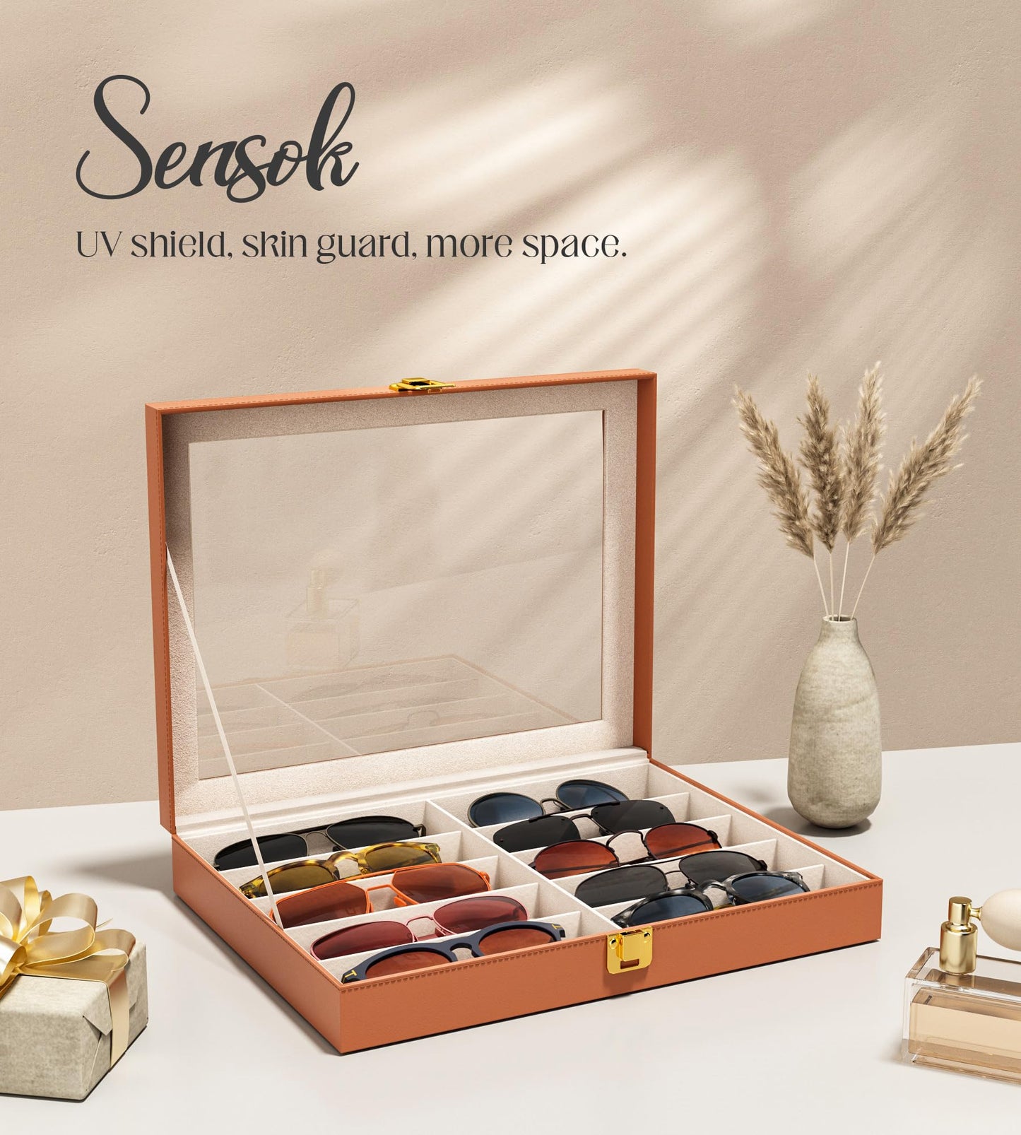 sensok Sunglasses Organizer Storage Box - 10 Slots Eyeglass Display Case for Multiple Pair Glasses, Sunglass Holder with Clear Glass Lid, Jewelry and Watch Collection Box for Women and Men, Brown