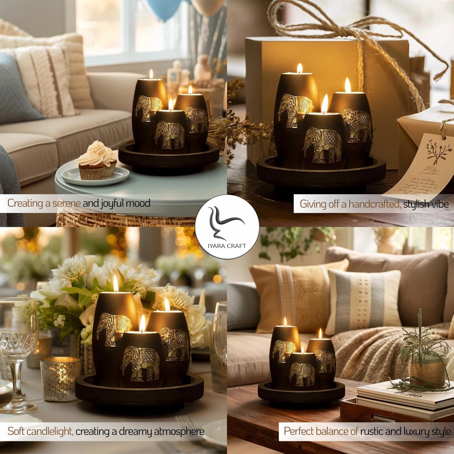IYARA CRAFT Elephant Candle Holder Set – 3 Handmade Wood Tealight Holders with Tray, Rustic Black Home Décor, Cozy Holiday Centerpiece & Thoughtful for Women, Mom, Housewarming