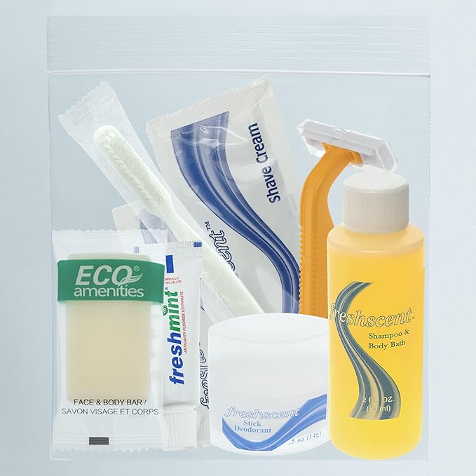 Moda West 24 Kits - Bulk Case of Wholesale Adult Basic Toiletries for Men, Women, Travel, Charity, Homeless Shelters, Cotton/Polyester Blend, Shampoo, Deodorant, Toothpaste, 24 Pre-Packaged Kits