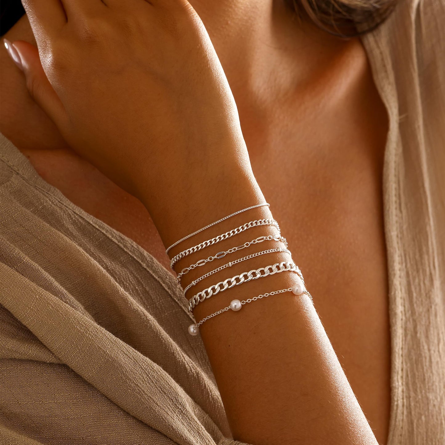 14K Silver Plated Pearl Bracelets for Women Waterproof, Dainty Silver Plated Cuban Link Chain Bracelet Stack Silver Pearl Jewelry Set for Womens Beaded Bracelets Small Simple Cute Thin Prom Wedding Jewelry
