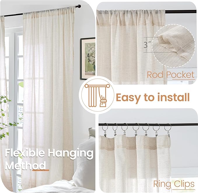 BGment Oatmeal Linen Curtains 63 Inches Long for Bedroom Windows, Sheer Drapes Lightweight Rustic Country Textured for Farmhouse Living Room Decor Rod Pocket, 2 Panels Set, Each 42 Inch Wide