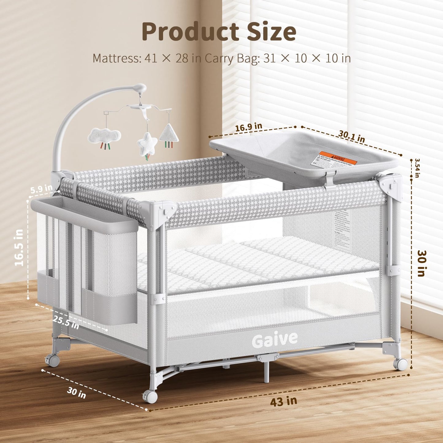 GAIVE 4 in 1 Baby Bassinet, One-Push Setup Pack and Play, Bedside Crib Sleeper with 3 Height Adjustable，Diaper Changer, Come with Comfy Mattress, Rotating Toy Bar, from Infants to Toddlers (Grey)