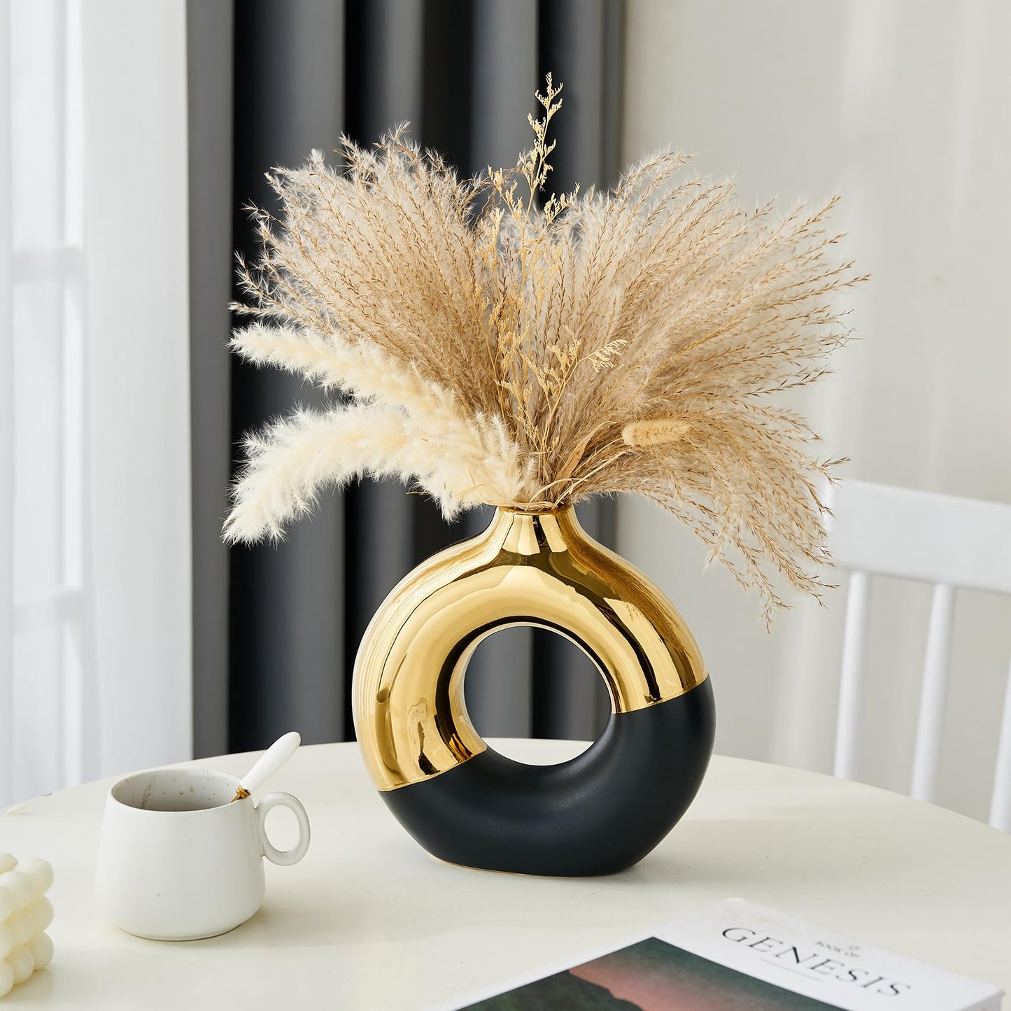 FJS Ceramic Donut Vase, 8" L x 8" H Black and Gold Round Vase for Pampas Grass, Nordic Modern Vases for Decor, Ceramic Vase Centerpieces for Wedding, Bedroom, Living Room, Coffee Table, Office