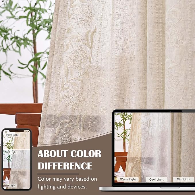 jinchan Winslow Linen Curtains for Bedroom 84 Inches Length Embroidered Bordered Floral Curtains for Living Room Farmhouse Decor Light Filtering Window Treatments Ivory on Beige Drapes 2 Panels