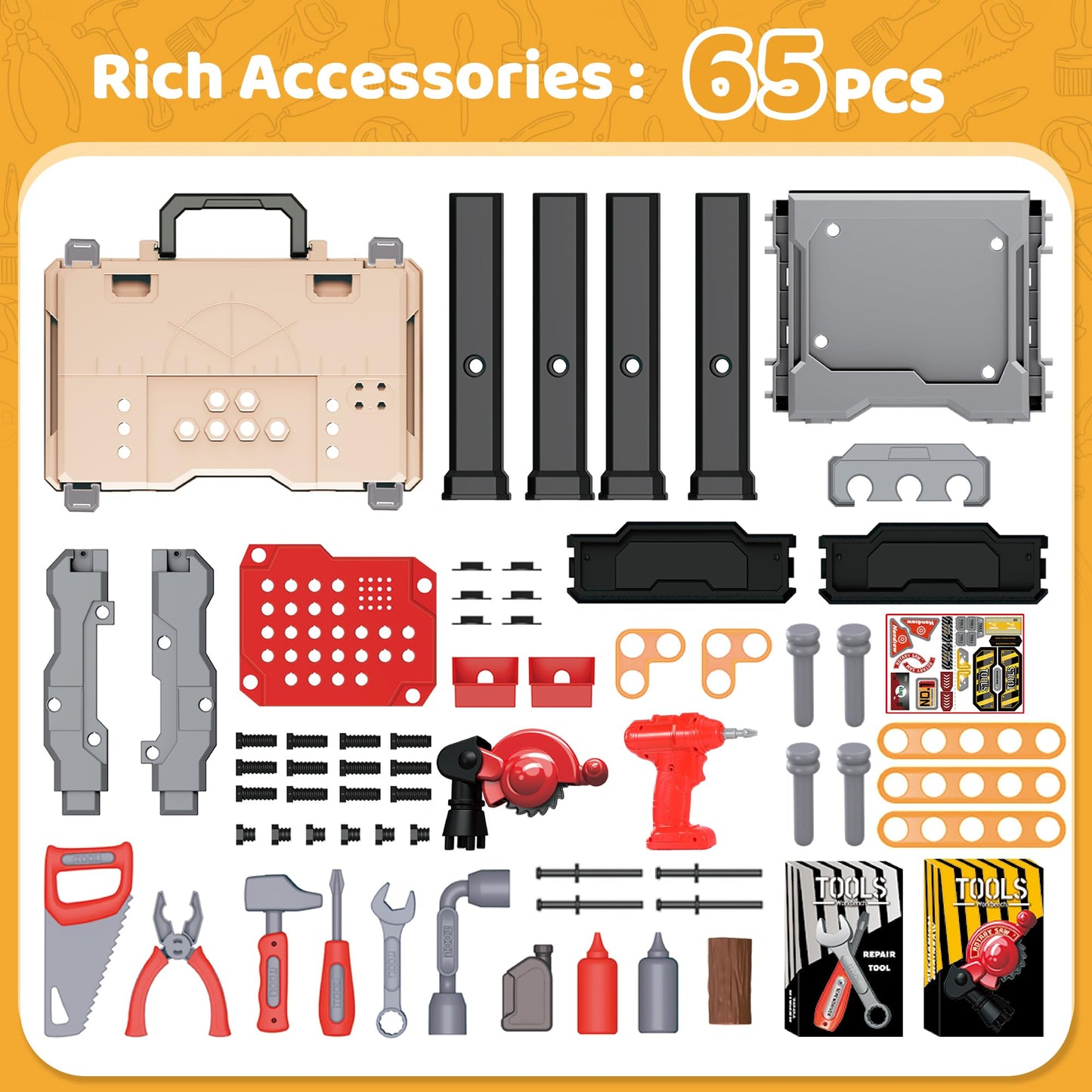 Kids Tool Bench - Power Tools Workshop-Kids Workbench, 65 Pcs Realistic Toy Tools with Electronic Toy Drill, Gift for Boys & Girls Age 3-5, Khaki