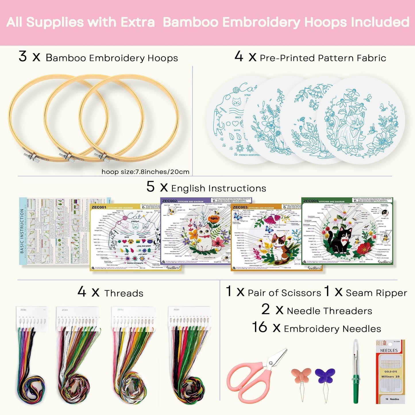 Embroidery Kit for Beginners, 4 Sets Cat Embroidery Kits, Needle Point Kits for Adults Beginner, with Full Package Sewing Supplies and Detailed Easy-to-Follow Instructions, Gift for DIY Lovers
