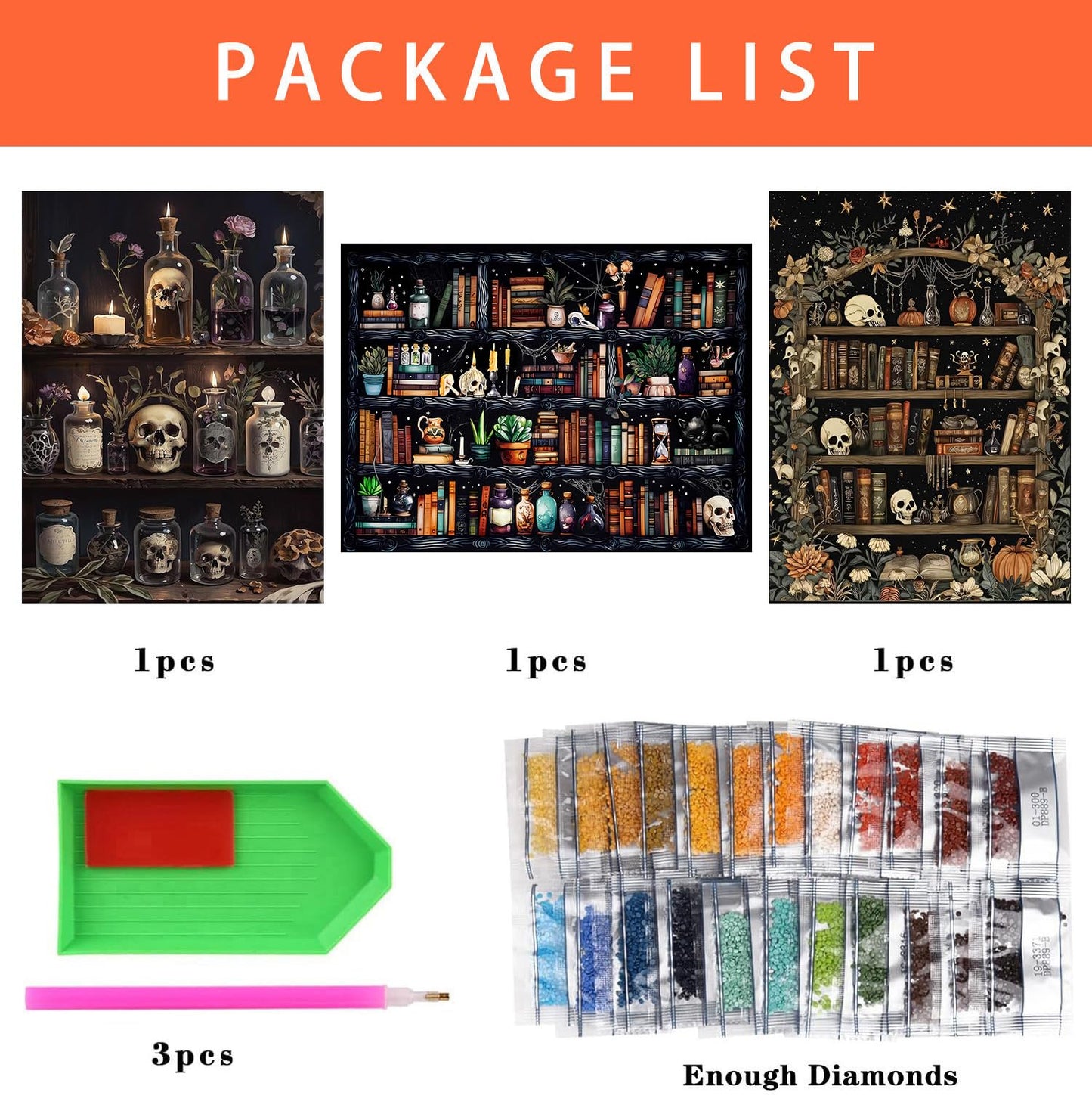 Axquilon 3 Pack Bookshelf Diamond Art Kits for Adults, Skull Diamond Painting Kits for Adults Beginner, DIY 5D Full Drill Gem Art for Home Wall Decor 12x16 inch