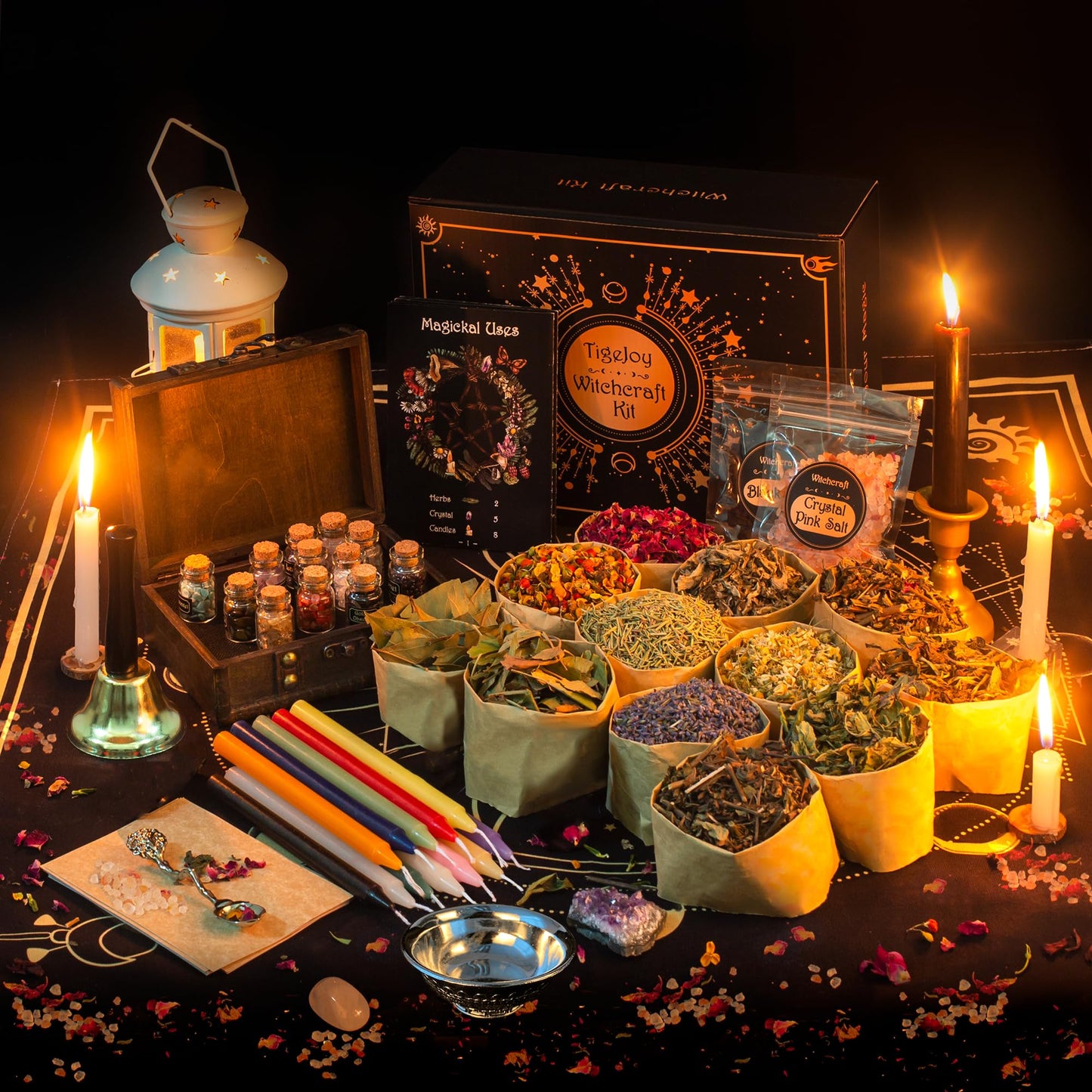 TigeJoy Witchcraft Supplies Witch Stuff Spell Kit 60PCS, Wiccan Tools, Include Herb Crystal Candle Amethyst Altar Bowl Witch Bell, Witch Gift Wiccan Starter Kit Altar Supplies Pagan Decor