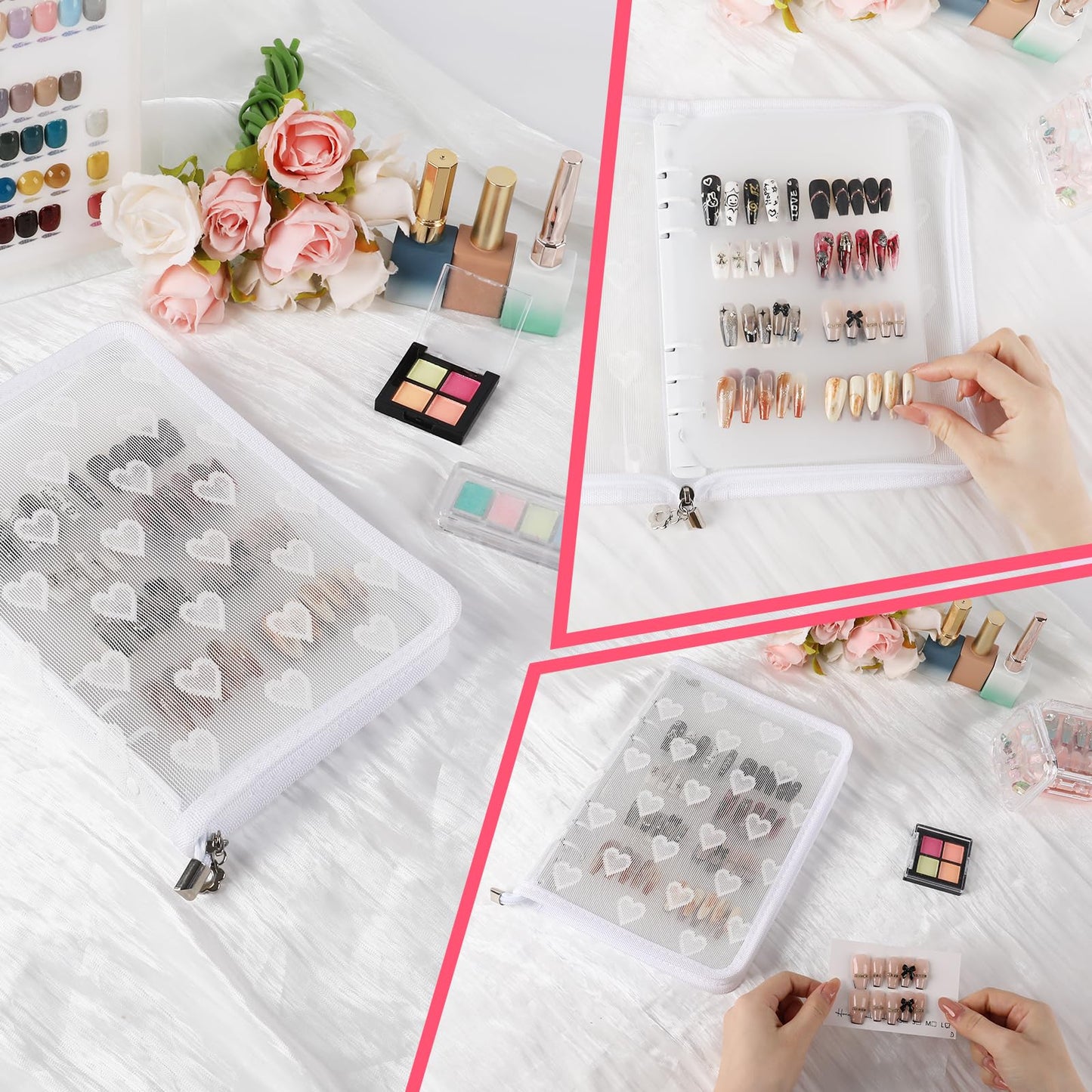 ASTONFOG Press On Nail Storage Organizer Binder with 8 Insert Pages - A5 Size & Double Sized Tape, Press on Nails Display Storage Book, Reusable Fake Nail Swatch Collecting Book (White)