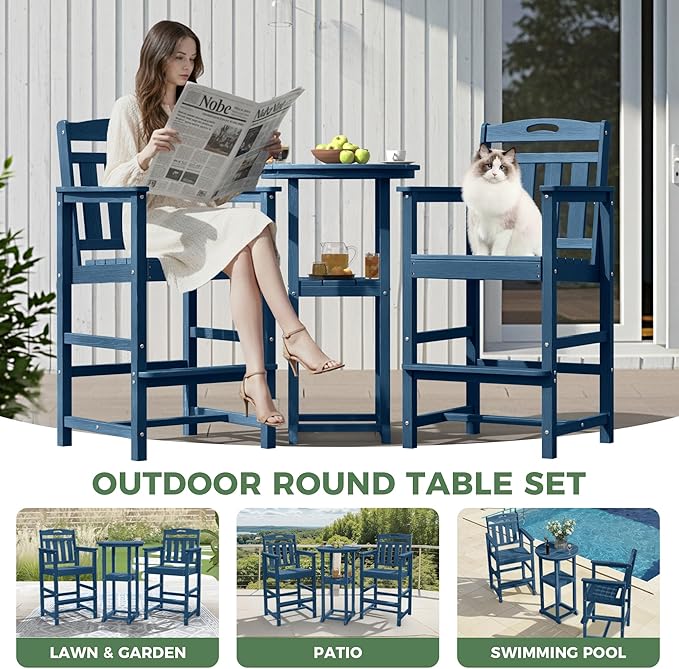 HDPE Outdoor Patio Bar Set with Bar Height Table and 2 Adirondack Chairs, All-Weather High Top Outside Round Pub Furniture for Bistro, Garden, Backyard, Deck | 3-Pieces, Navy Blue