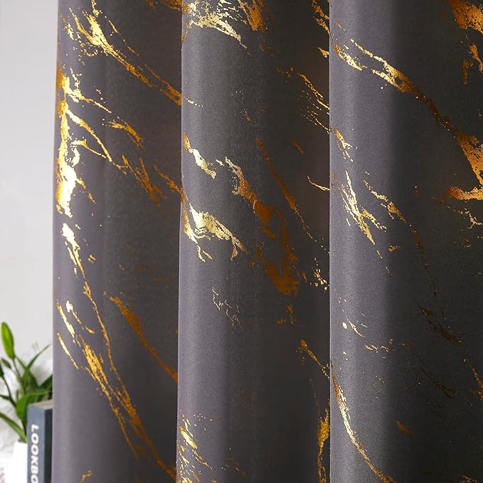 Taisier Home Gold Foil Print Linen Textured Curtains Geometric Marble Pattern Design Curtains for Dollhouse Light Filtering Window Treatment 2 Panels 63" L,Soft Grey and Gold Print