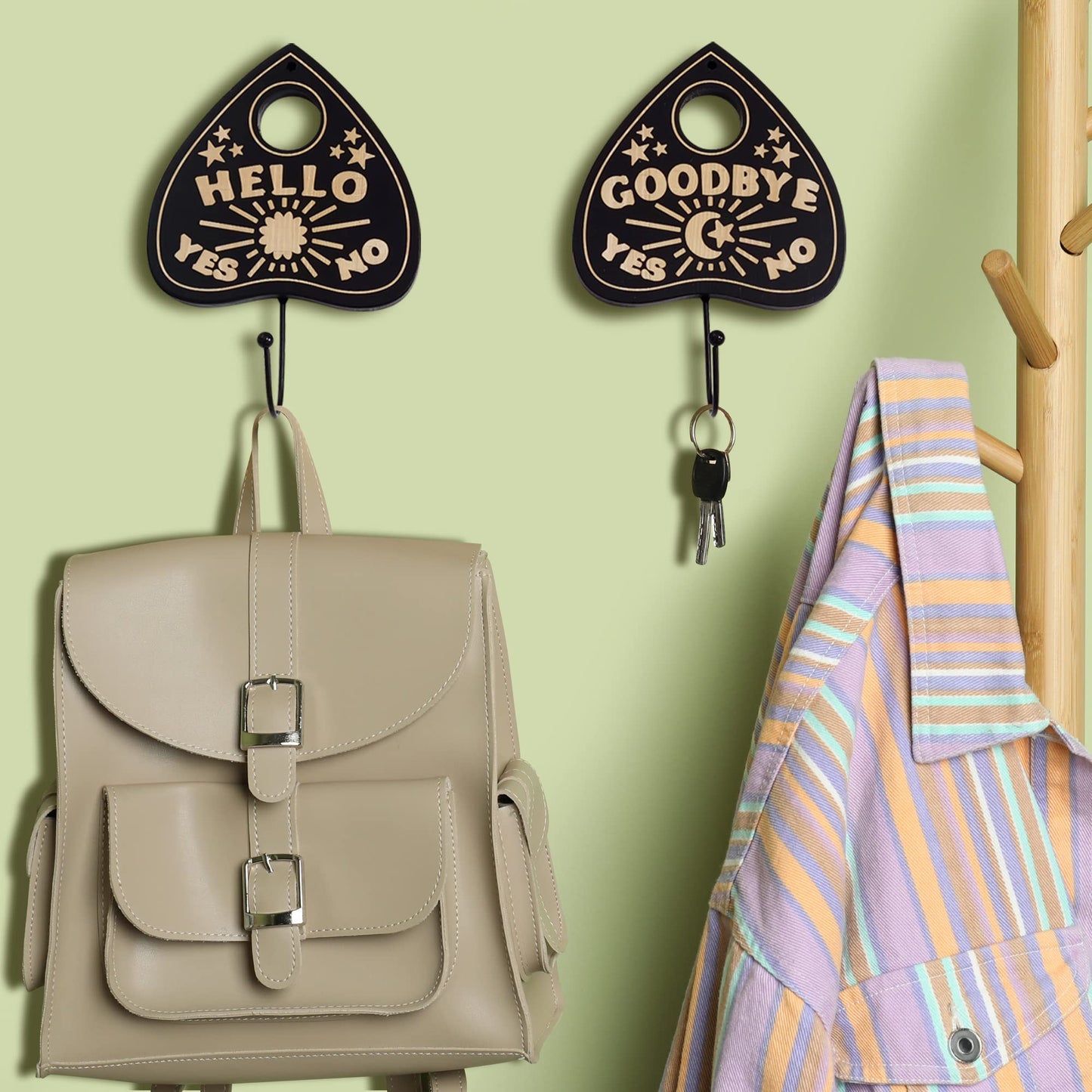 Ella & Emma Wall Mounted Coffin-Shaped Key Holder - Planchette/Hamsa Hand Key Holder, Gothic Home Decor Wall Hanger with Hook -Spooky Halloween Decor for Home - 2 Pieces (Planchette)