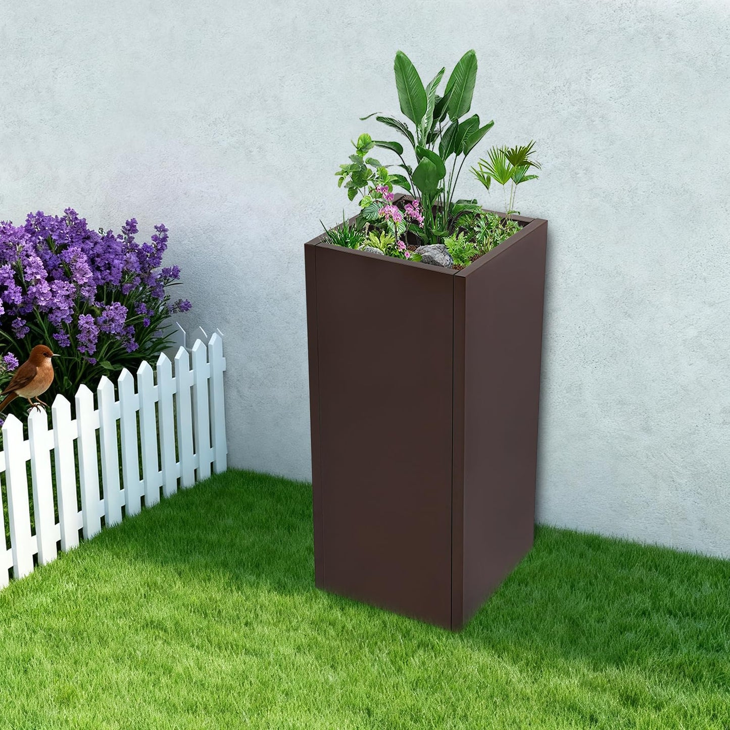 Tapischion Galvanized Steel Planter Box, 16x16x30 Inch Large Modern Rectangular Garden Pot for Outdoor, Rust-Resistant Elevated Flower Box for Patio, Deck, Balcony Decor