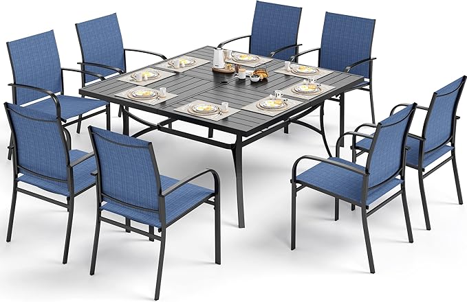 Patio Dining Set for 8, 60" x 60" Square Metal Table with Umbrella Hole, 8 x Stable Dining Chairs, Outdoor Table and Chairs Set for Lawn Backyard and Deck, Blue