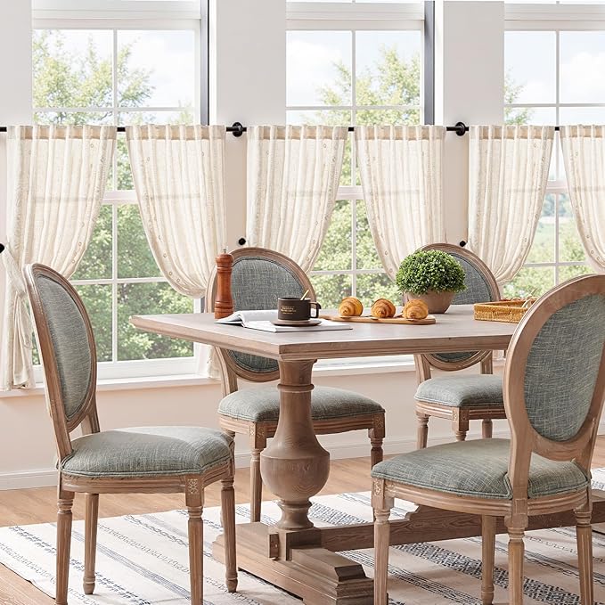 jinchan Winslow Linen Curtains 45 Inch Length Small Window Curtains Embroidered Bordered Floral Drapes Light Filtering for Bathroom Laundry Room Kitchen Farmhouse Decor White on Beige 2 Panels