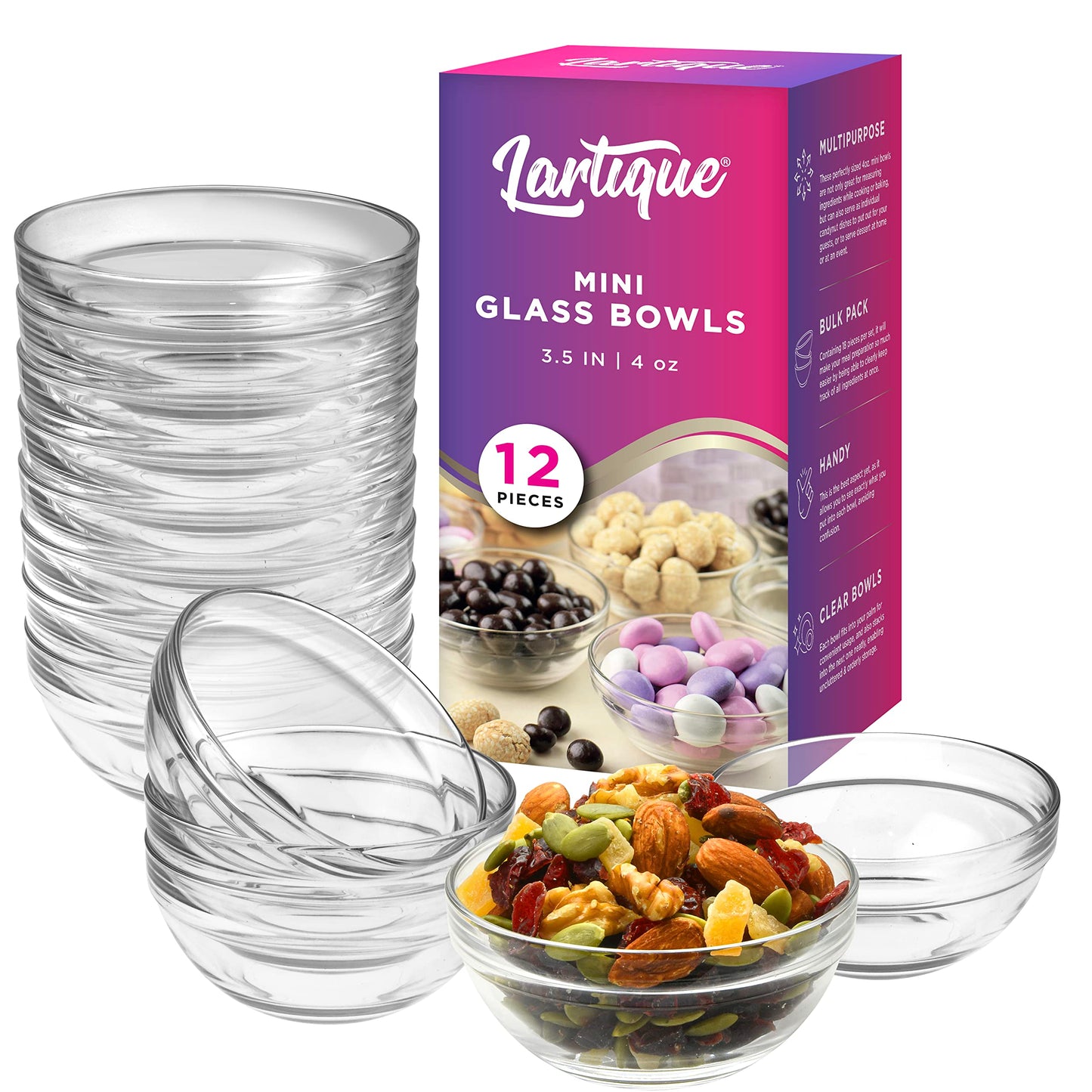 Lartique Mini 3.5 Inch Glass Bowls - Perfect for Prep, Dips, Nuts, or Candy - Set of 12