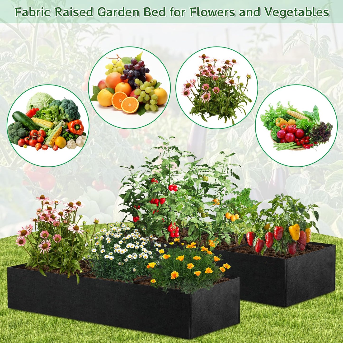 X-Kingsun 2Pack 4x2x1ft Fabric Raised Garden Bed 3 Grids Breathable Garden Growing Bags with Handle Square Planting Containers for Planting Herbs Flowers and Vegetables,57 Gallon