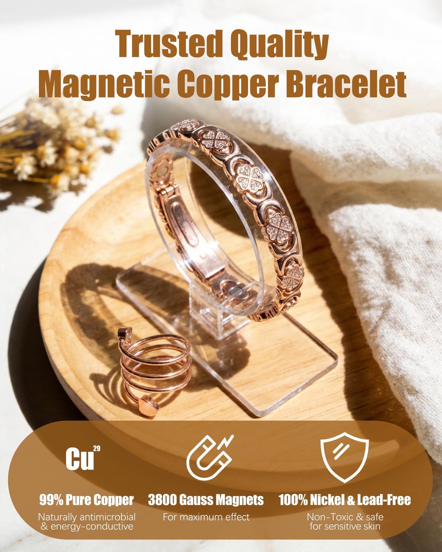 Jeracol Copper Bracelet & Ring for Women, Ultra Strength Magnetic Bracelet with 3800 Gauss Magnets, Four-Leaf Clover & Infinity Heart Symbol & Crystal, Adjustable Tools and Jewelry Gift Box