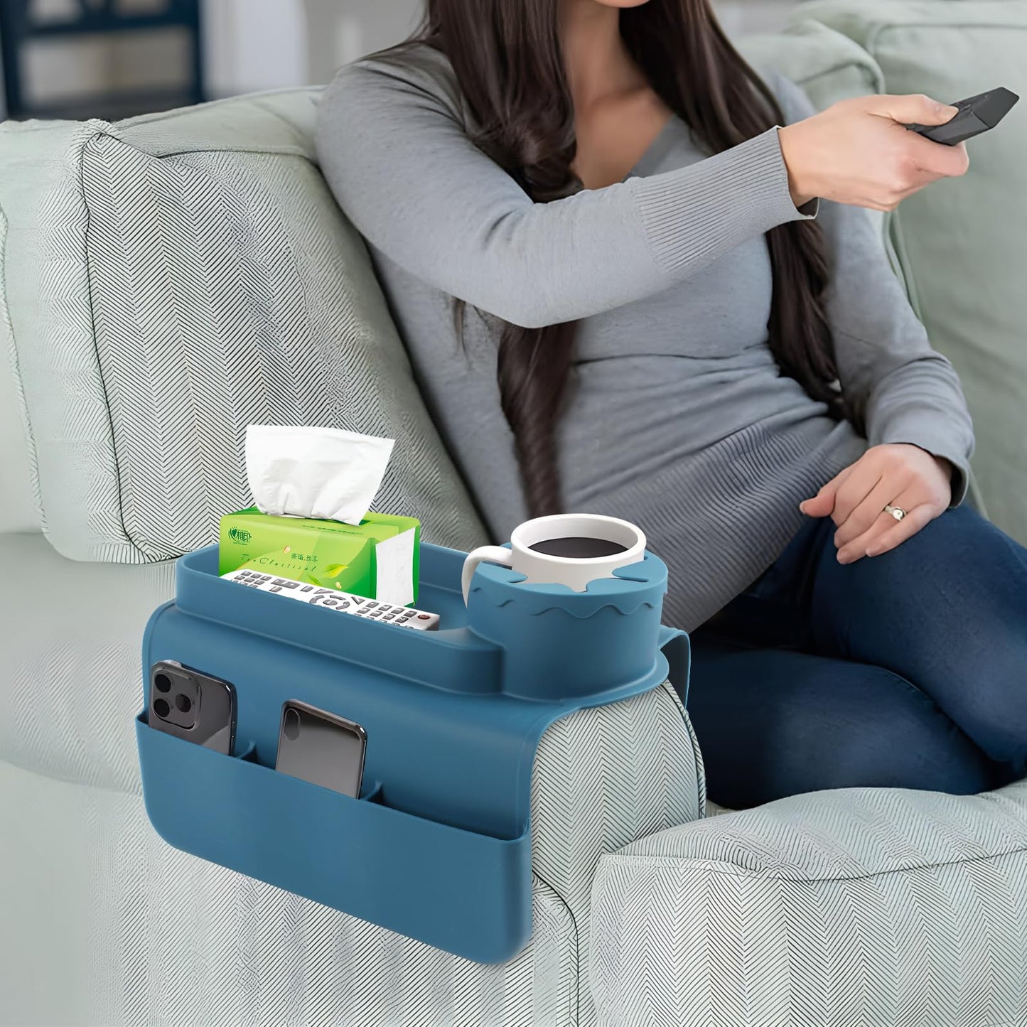 CENELO Silicone Couch Cup Holder - Anti-Slip Sofa Armrest Tray with Cup Holder & 4 Pockets, Large Size Foldable Couch Arm Tray for Cup, Snack, Phone, Tablet, Remote Control, Gifts for Mom Dad