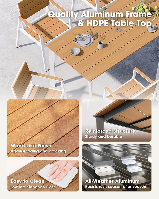 Outdoor Patio Dining Set, Aluminum & HDPS 5 Piece Outdoor Table and Chairs Set with Umbrella Hole, Modren Rectangular Patio Furniture Set with All-Weather Table and 4 Chairs (White & Teak)