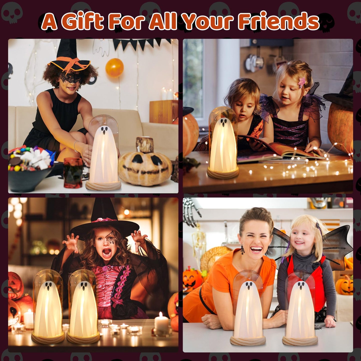 Halloween Decorations Indoor, Light Up Ghosts in Glass Domes with Wood Base, Cute Halloween Decor for Table, Fireplace, Bookshelf – Spooky Halloween Decor Kit (2 Pack)
