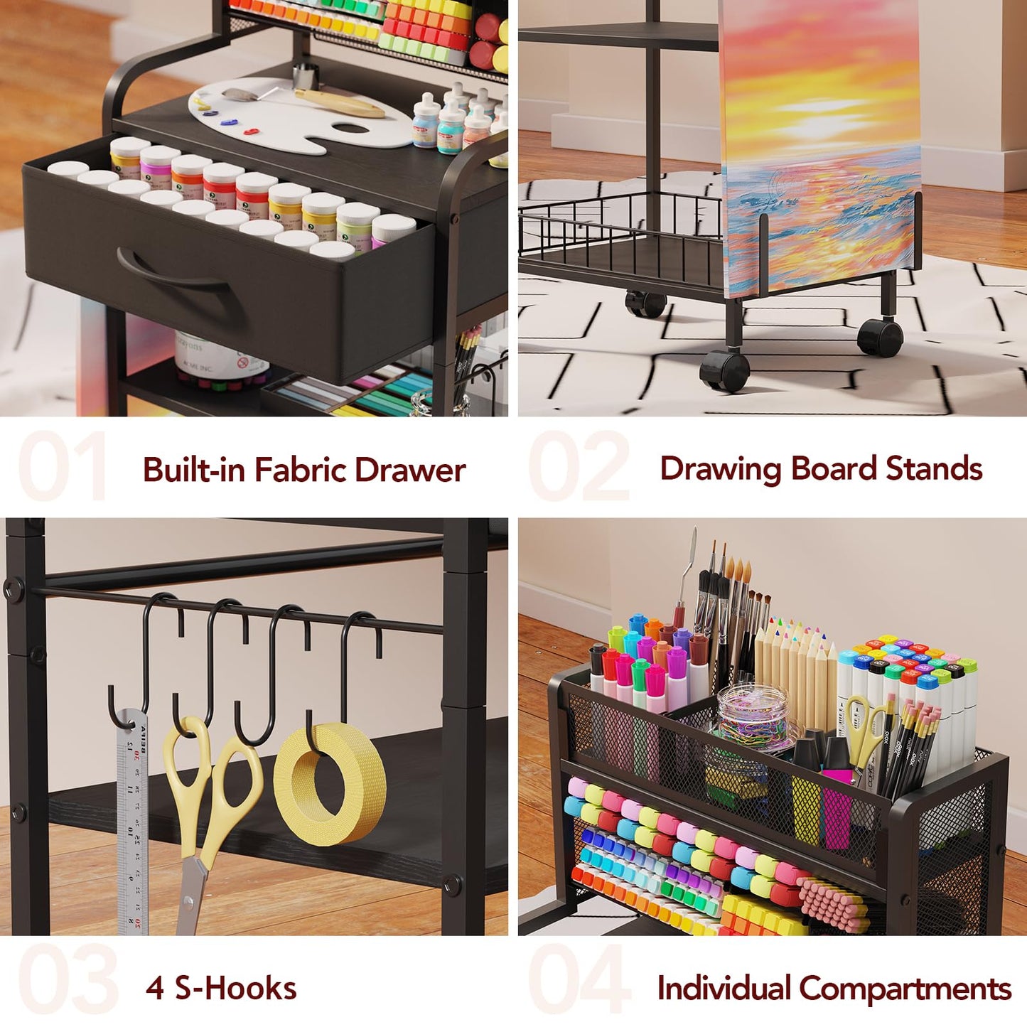 Homsorout Art cart, 3 Tier Rolling Cart - Utility Cart with Storage Drawer and Wheels, Versatile Art & Craft Organizer for Home, Office, or Studio Ideal for Storing Brushes, Paints (Black)