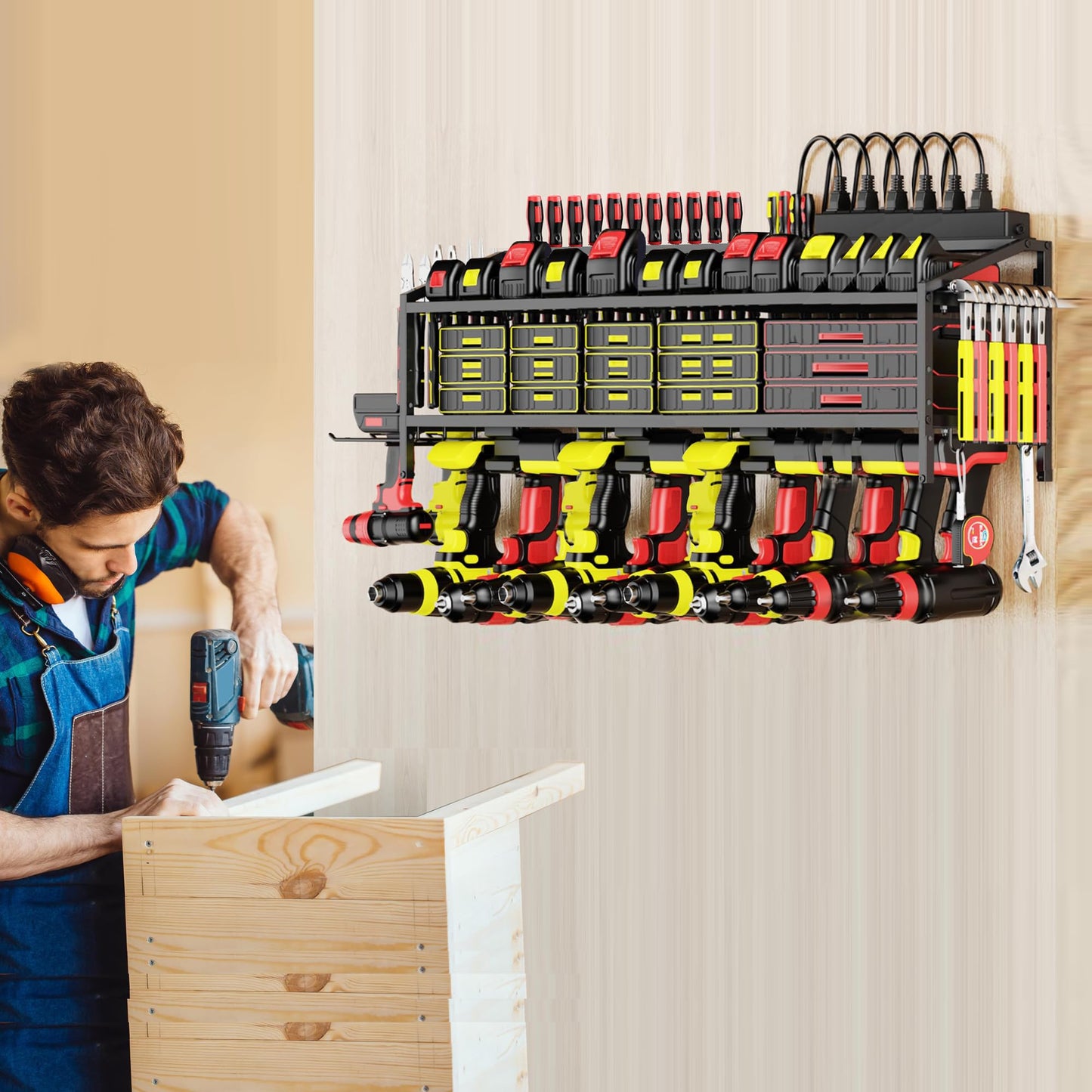 FULOOPHI Power Tool Organizer Wall Mount with Charging Station, 3 Layer Storage Rack and Tool Holder for Garage Organization, 8 Drill Holder Wall Mount and 6 Outlet Power Strip