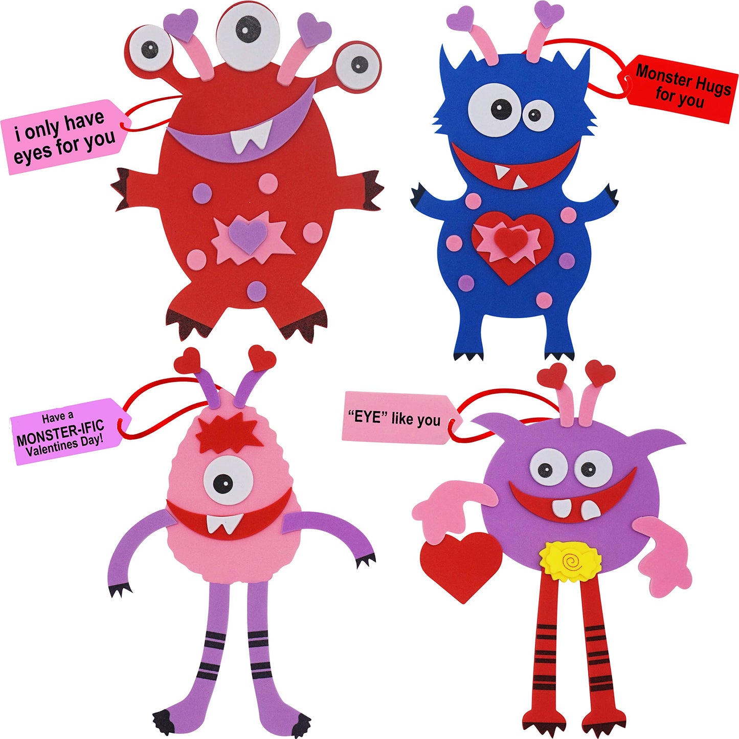 4E's Novelty Valentines Monster Craft Ornament (12 Pack) Foam Valentines Day Crafts for Kids Classroom DIY Valentines Day Card for Kids Bulk - Individually Wrapped, Fun Activity