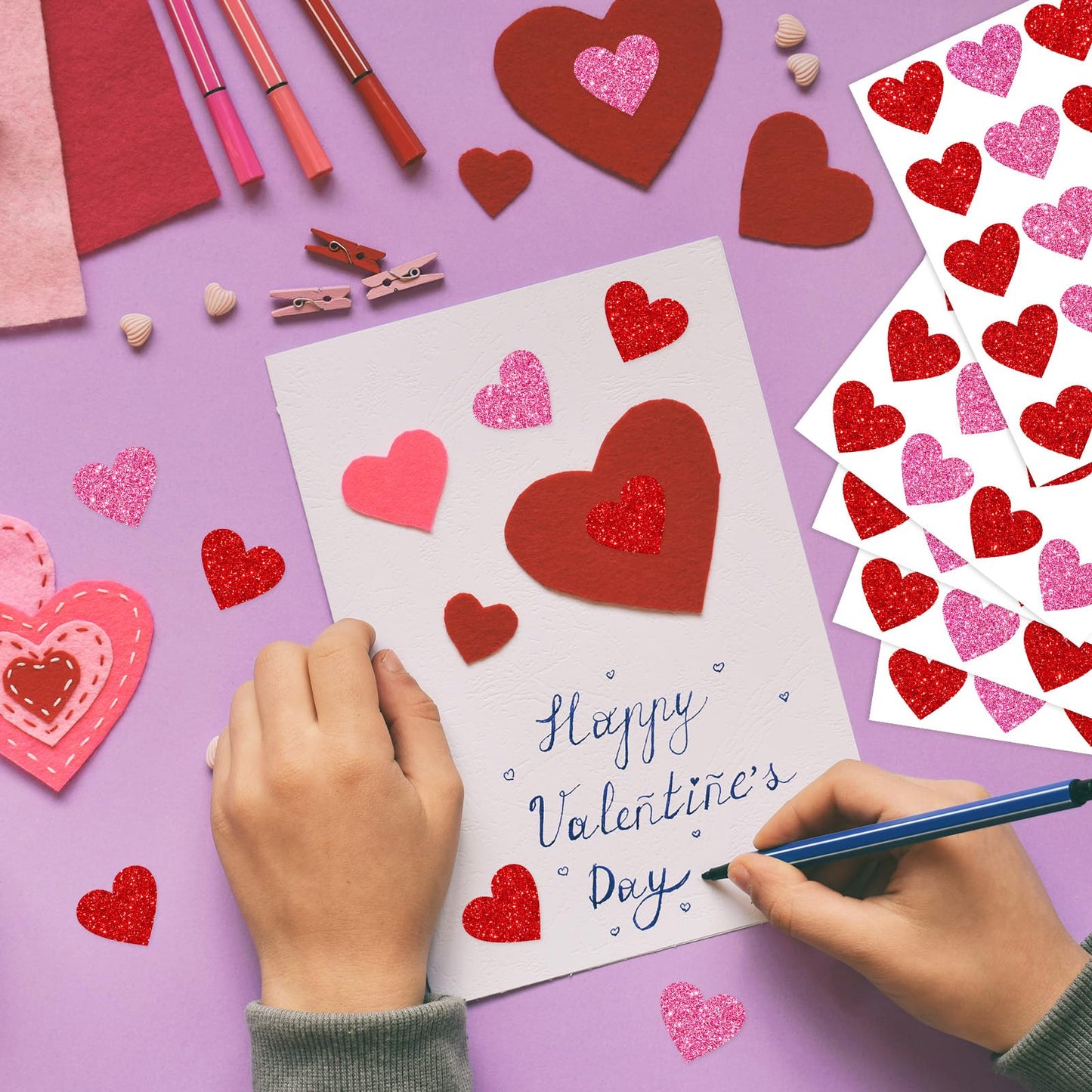 Whaline 500Pcs Valentine's Day Glitter Heart Stickers Pink Red Heart Shape Adhesive Decals Valentines Love Hearts Sticker Labels Decorative Envelope Seal Stickers for Wedding Anniversary Party