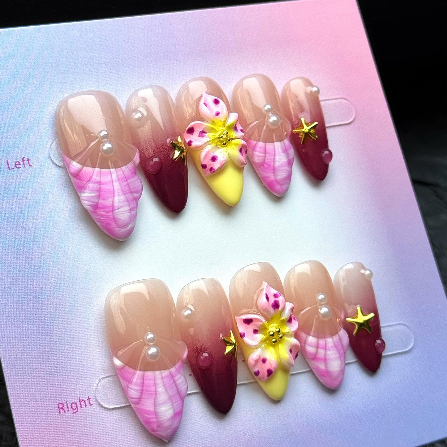 Handmade Press on Nails Wine Red Gradient,French Tip 3D Flower & Pearl Designs,Full Cover Medium Almond Fake Nails,Multi-Layer Gel Acrylic Stick on Nails for Women (10pcs) M SIZE