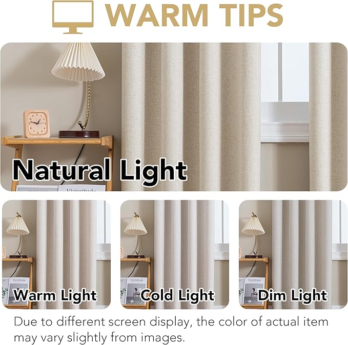 H.VERSAILTEX Linen Curtains 100% Blackout Curtains for Bedroom 108 inch Long Full Light Blocking Nature Linen Blended Window Curtains for Living Room Nickel Grommet (2 Panels, Heathered Linen)