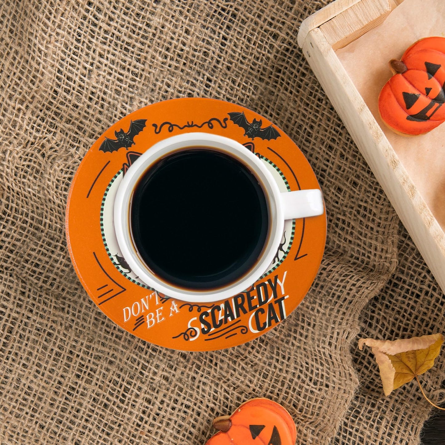 JarThenaAMCS 4Pcs Halloween Coaster with Holder Pumpkin Ghost Black Cat Skeleton Anti Slip Drink Coasters Black Orange Green Absorbent Ceramic Coasters for Home Decor Table Protection