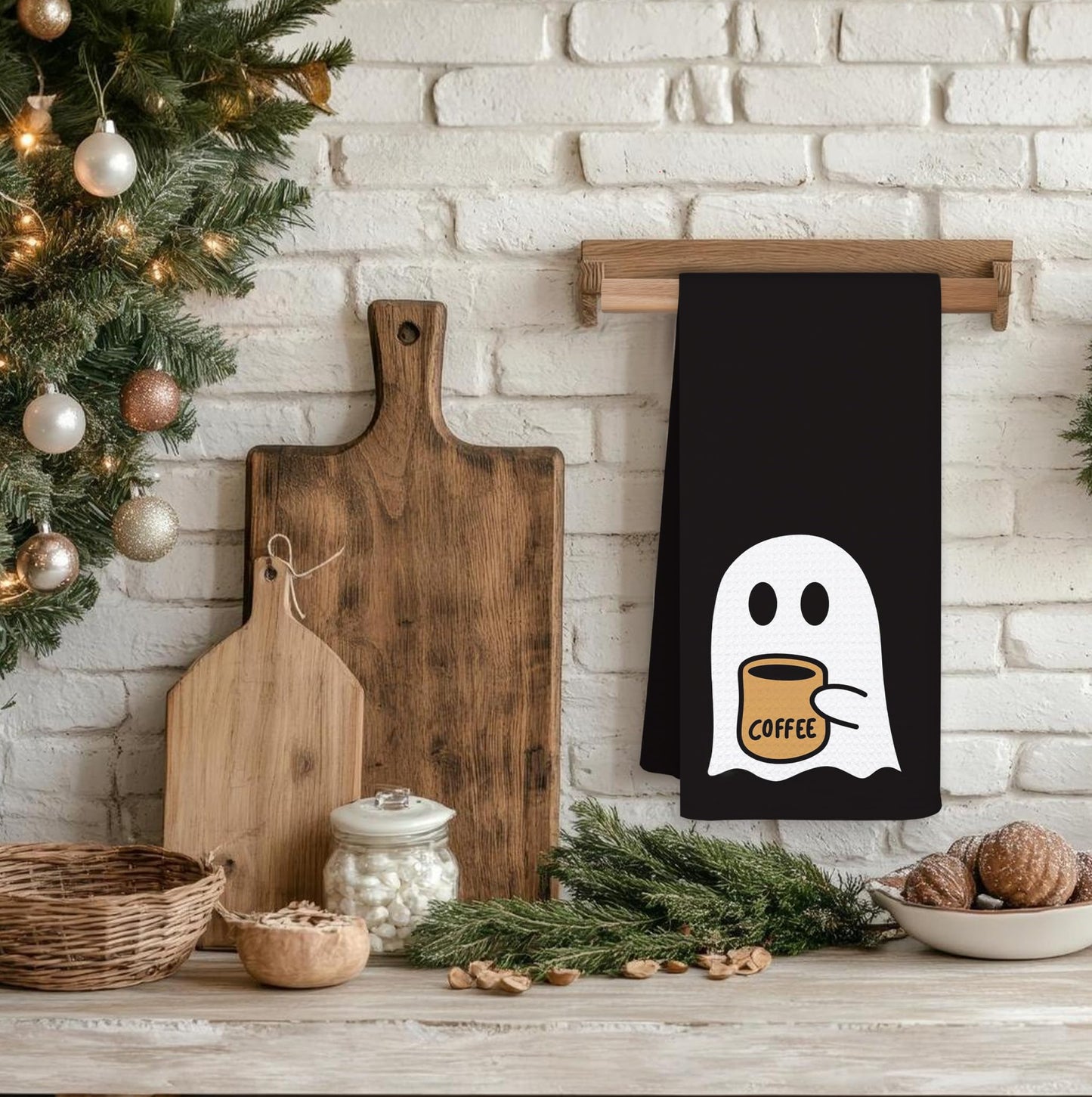 OSLYSOF Halloween Coffee Ghost Kitchen Towels, Ghost Gifts for Lovers Women Dish Tea Towels, Dark Academia Gothic Halloween Hand Towel for Coffee Bar Station Decor, 16x24 Inch