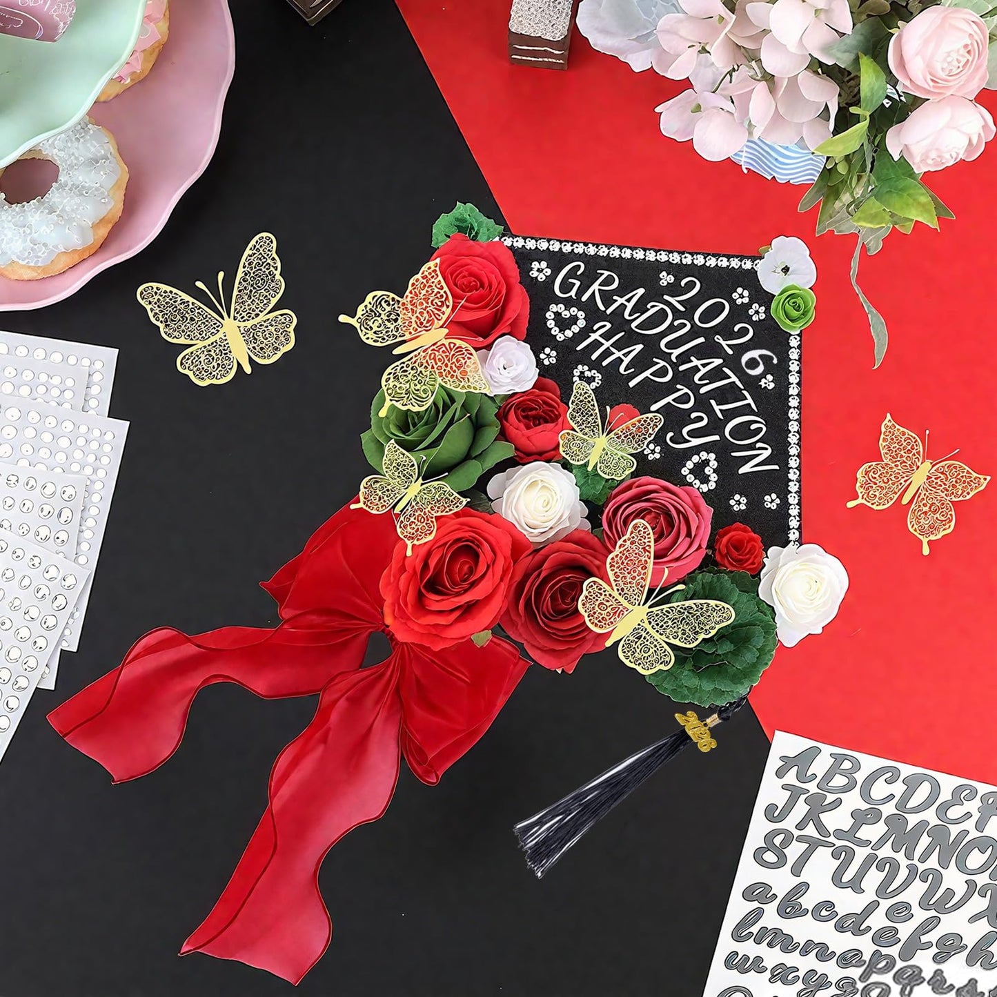Jollyboom Graduation Cap Decorations Kit Red Green, 2026 Graduation Cap Decorations Mexican Cap Topper DIY Craft Flowers Butterfly Stickers Red Bow Trim Gold 2026 Pendant for Graduation Cap DIY