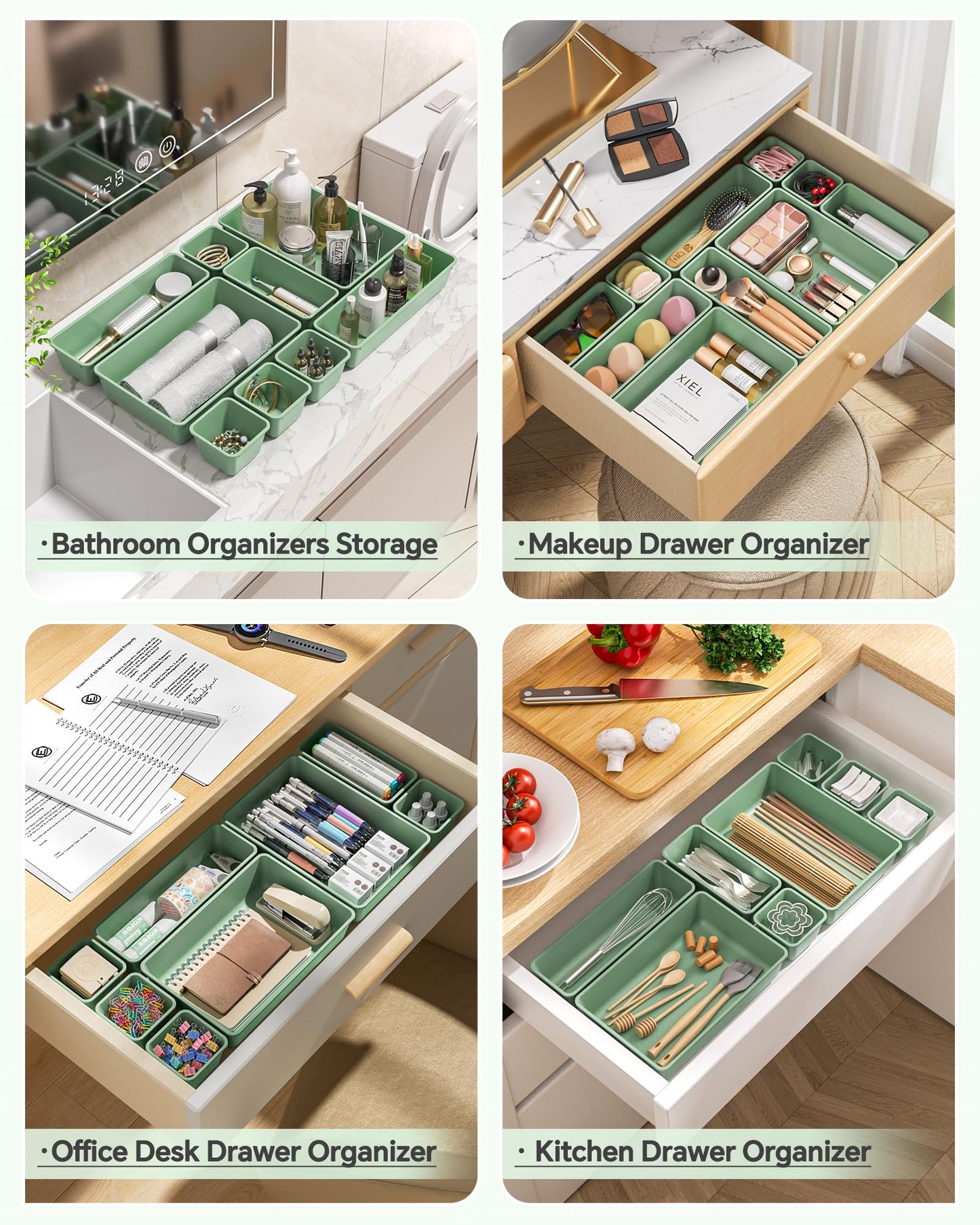 KEMETHY 25 PCS Plastic Drawer Organizers Set, 4 Sizes Vanity Organizer, Makeup and Desk Drawer Organizer Trays, Organization and Storage for Makeup, Bathroom, Kitchen Utensils and Office (Green)