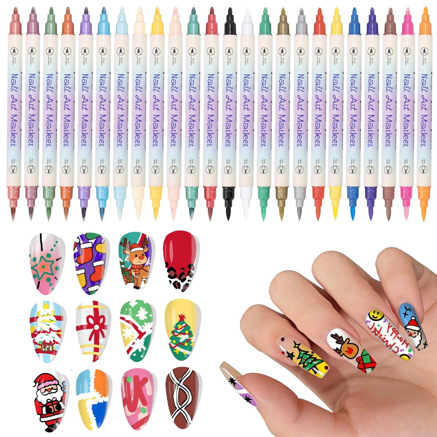 24 Colors Nail Art Pens Set, 3D Nail Polish Pens, Double-ended Nail Markers, Quick-Drying Acrylic Paint Markers, Drawing Painting Dotting Liner for DIY Nail Design, Home & Salon Manicure Tools