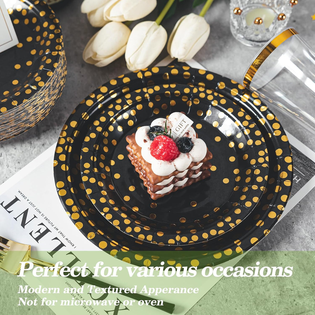 Lullaby 200PCS Black Paper Plates, Black and Gold Paper Plate, 100pcs Dinner Plates 9"，100pcs Dessert Plates 7", Disposable Graduation Plates with Golden Dot for Birthday party, Halloween
